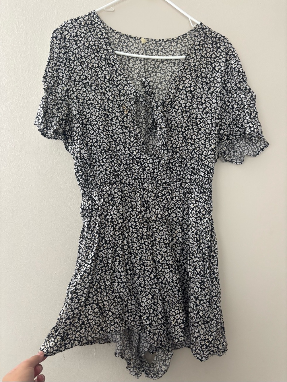 SHEIN Black and White Floral Tie-Front Romper